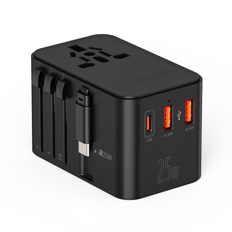 Universal Travel Adapter 2A+1C buid-in Type C cable PD 25W