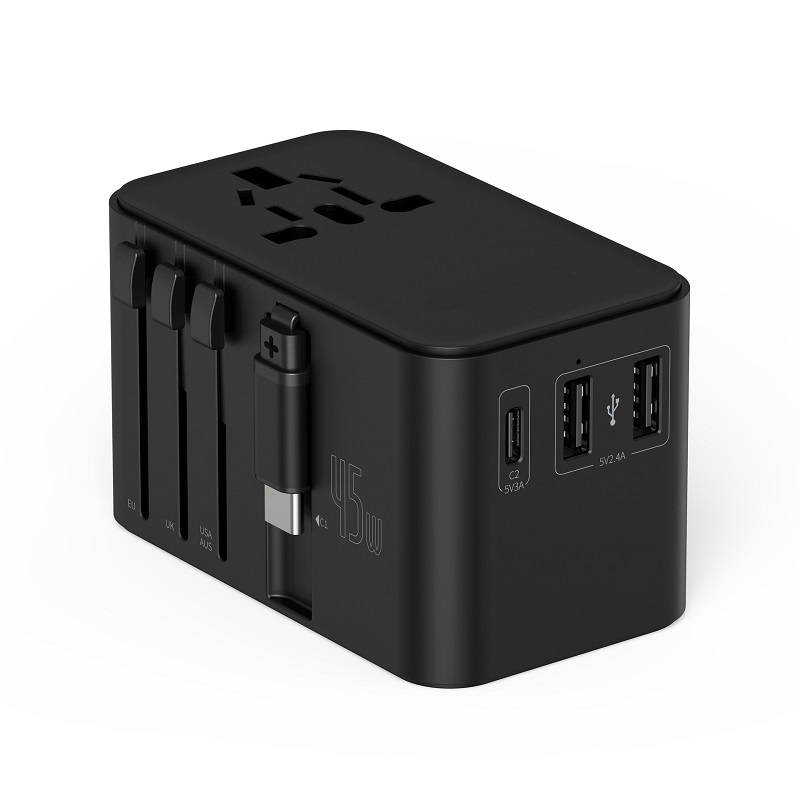 Universal Travel Adapter 2A+1Cbuilt-in Type C cable GaN 45W Fast Charger