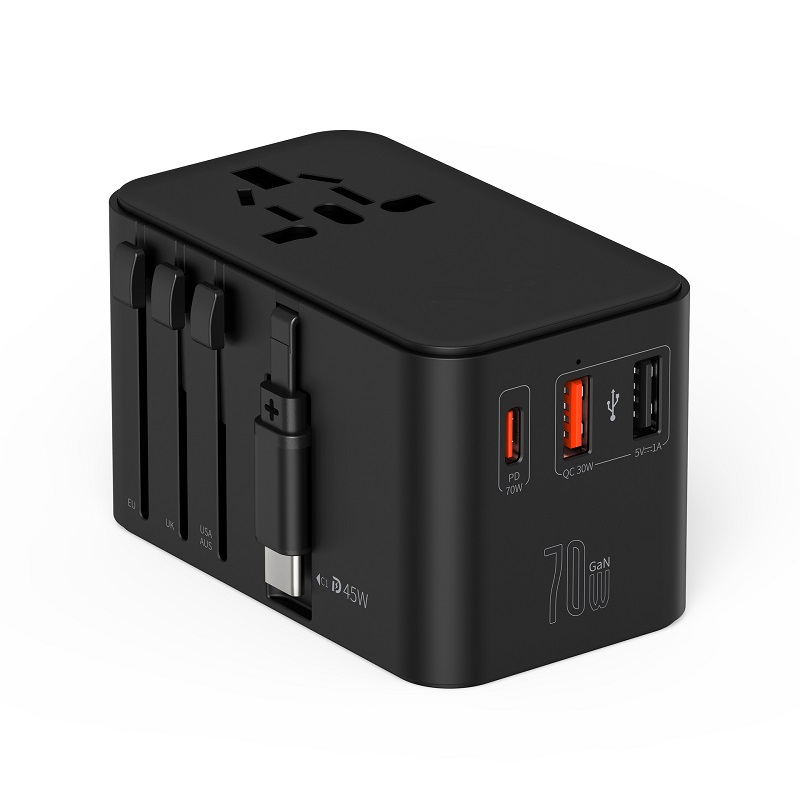 Universal Travel Adapter built-in Type C cable GaN 70W Fast Charger