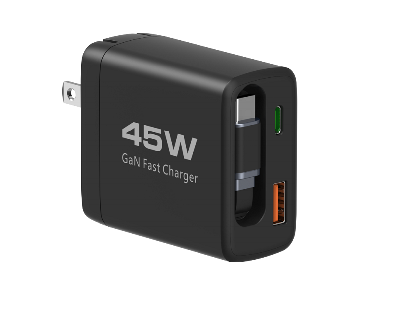 Wall Charger Built-in Cable USB A+USB C GaN 45W