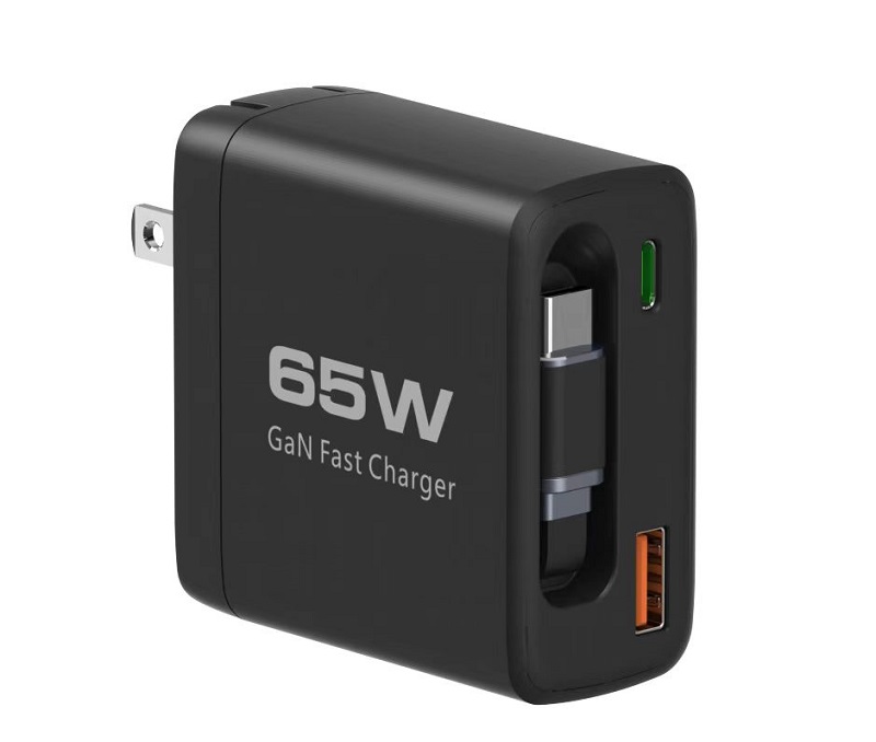 Wall Charger Built-in Type C cable USB A +USB C GaN 65W